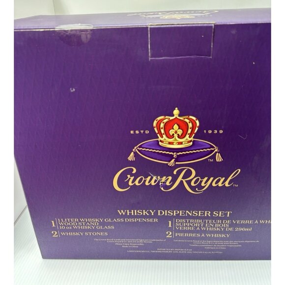 Crown Royal Whisky Dispenser Set 1L Glass, Whiskey Stones, Cup & Wooden Base NEW - Picture 3 of 5